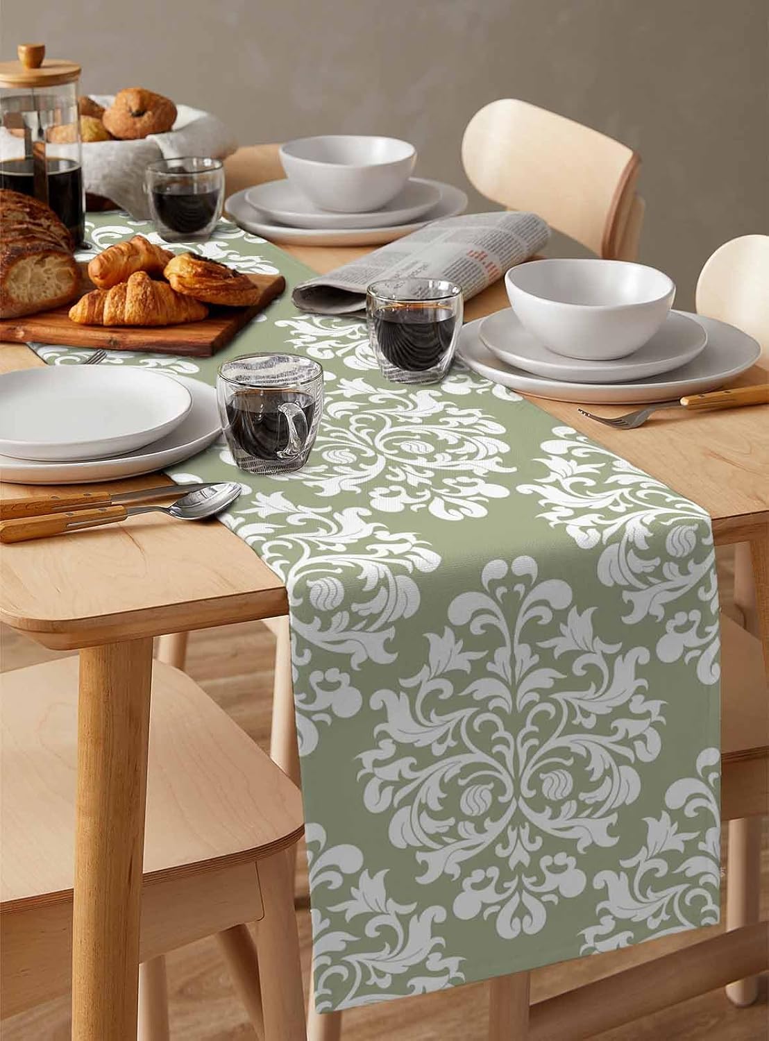 Classical Flower on Sage Green Table Runners 13x120 Inches Long Linen Burlap Table Runner, Retro Rhombus Floral Texture Table Cover Dresser Scarf for Kitchen Dining Holiday Party Wedding Gathering