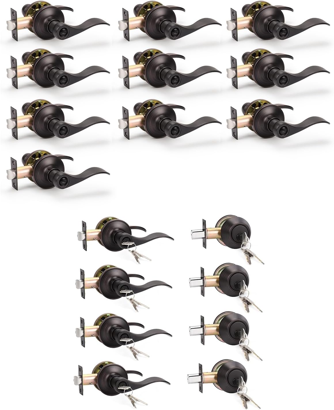 KNOBWELL 10 Pack Privacy Door Handles and 4 Pack Deadbolt Locksets Wave Style Oil Rubbed Bronze Door Handles with Lock Interior/Exterior Door Handles