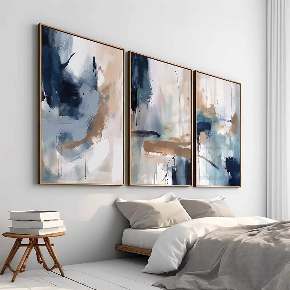SOBMQ Pictures-Sky Blue Watercolor Brush Strokes Wall Canvas Painting Abstract Poster Print Art Picture For Living Room Bedroom Decoration-40 * 60cm-3PCS (No Frame)