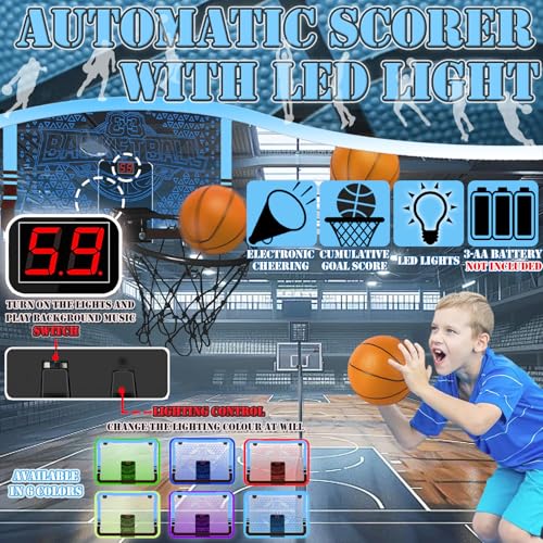 STAY GENT Mini Basketball Hoop for Kids with Multicolour LED Lights/Automatic Scorer/4 Balls, Indoor Basketball Hoop Over The Door for Bedroom Home Office, Sports Gifts for 3 5 6 7 8 9 Kids & Adults - Image 3