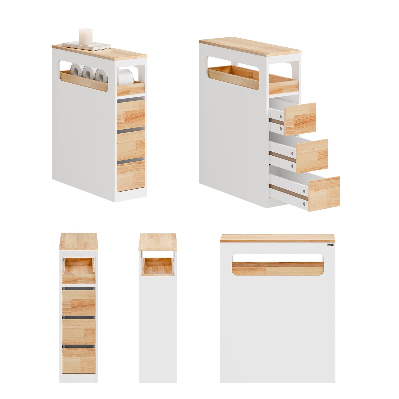SoBuy Mobiletto Bagno Salvaspazio Cassettiera Bagno Stretto 3 Cassetti con Ruote per Angoli e Nicchie per Piccoli Spazi e Famiglie, Bianco e Color Legno 65x23x82cm BZR54-III-WN