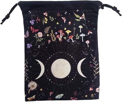 Tarot Card Pouch, Drawstring Bag, Velour Style, Jewelry Pouch, Astrology, Birds, Moons, Flowers, Magic Storage Bag, Trinket Case, Carry