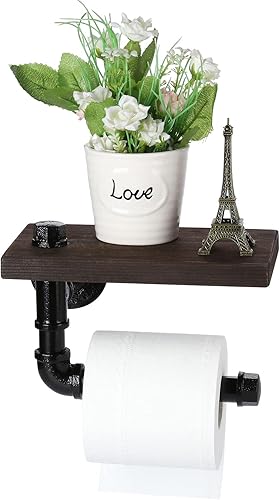 Miniatura 7 de Soporte de papel higiénico con estante, colgador industrial de papel higiénico montado en la pared con estante de madera rústica para baño, baño