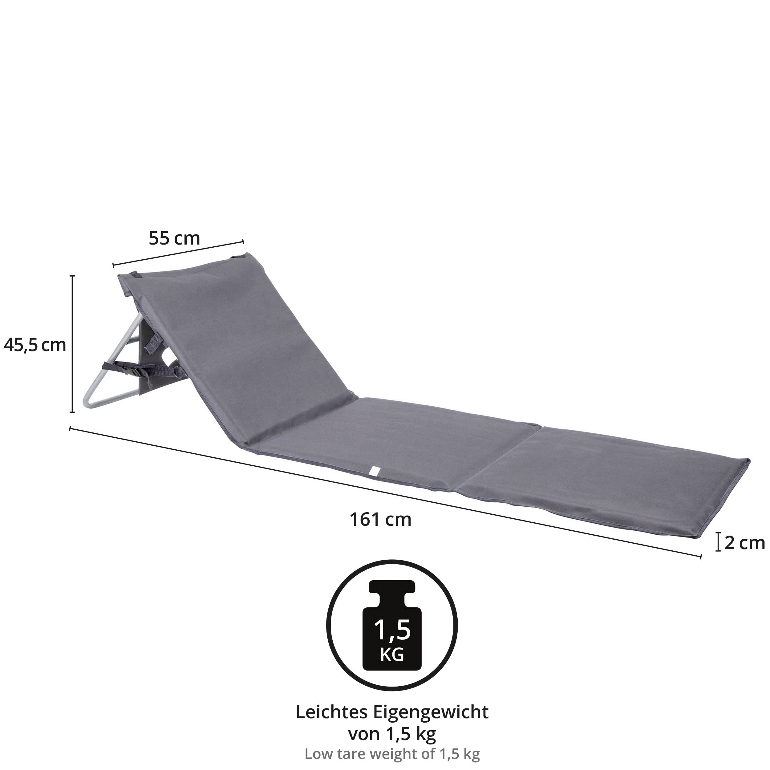 ONVAYA® Strandmatte mit Rückenlehne in Grau | 2cm gepolsterte Sonnenliege mit Tasche | Strandliege faltbar & klappbar | Sonnenmatte mit Tragegurt | Strandmatratze 161 x 55 x 45 cm