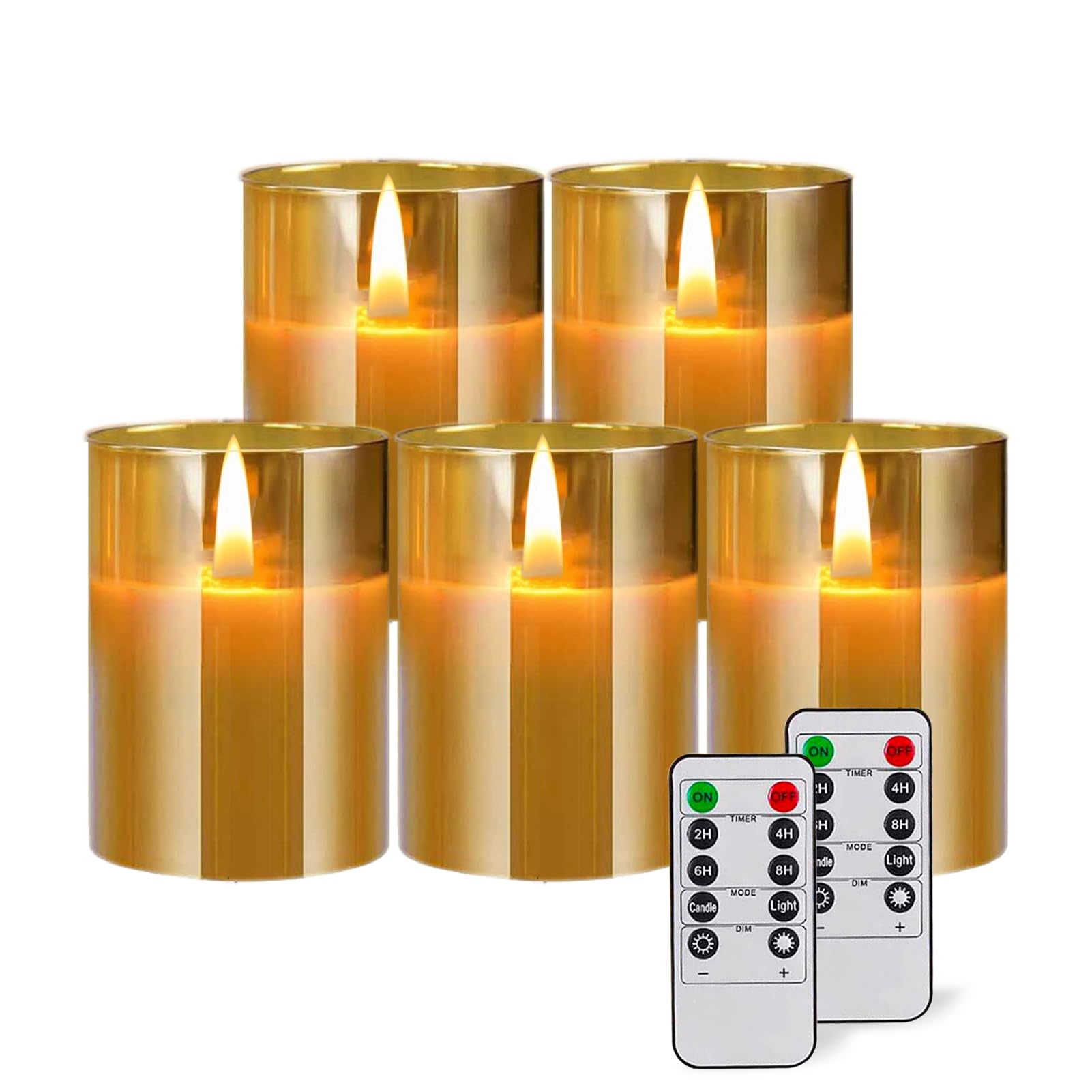 Amber Flameless Candles, 5 Pack Battery Operated Candles with Flickering Flame Remote Candle, Fake Candle-Large Pillar Candles with 2 Remote and Timer for Party/Hotel/Wedding/Birthday Decoration