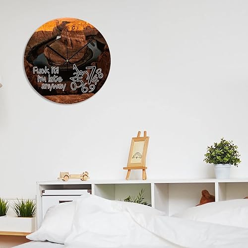 Miniatura 7 de COCOKEN Fuck It I'm Late Anyway - Reloj de pared redondo con paisaje natural, arte de pared, reloj de madera, silencioso, sin tictac, reloj de pared