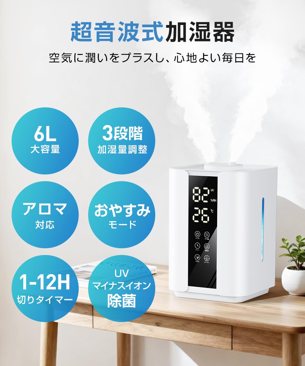 Amazon.co.jp: 加湿器 大容量 上から給水 【2025新登場・6Lタンク&UV
