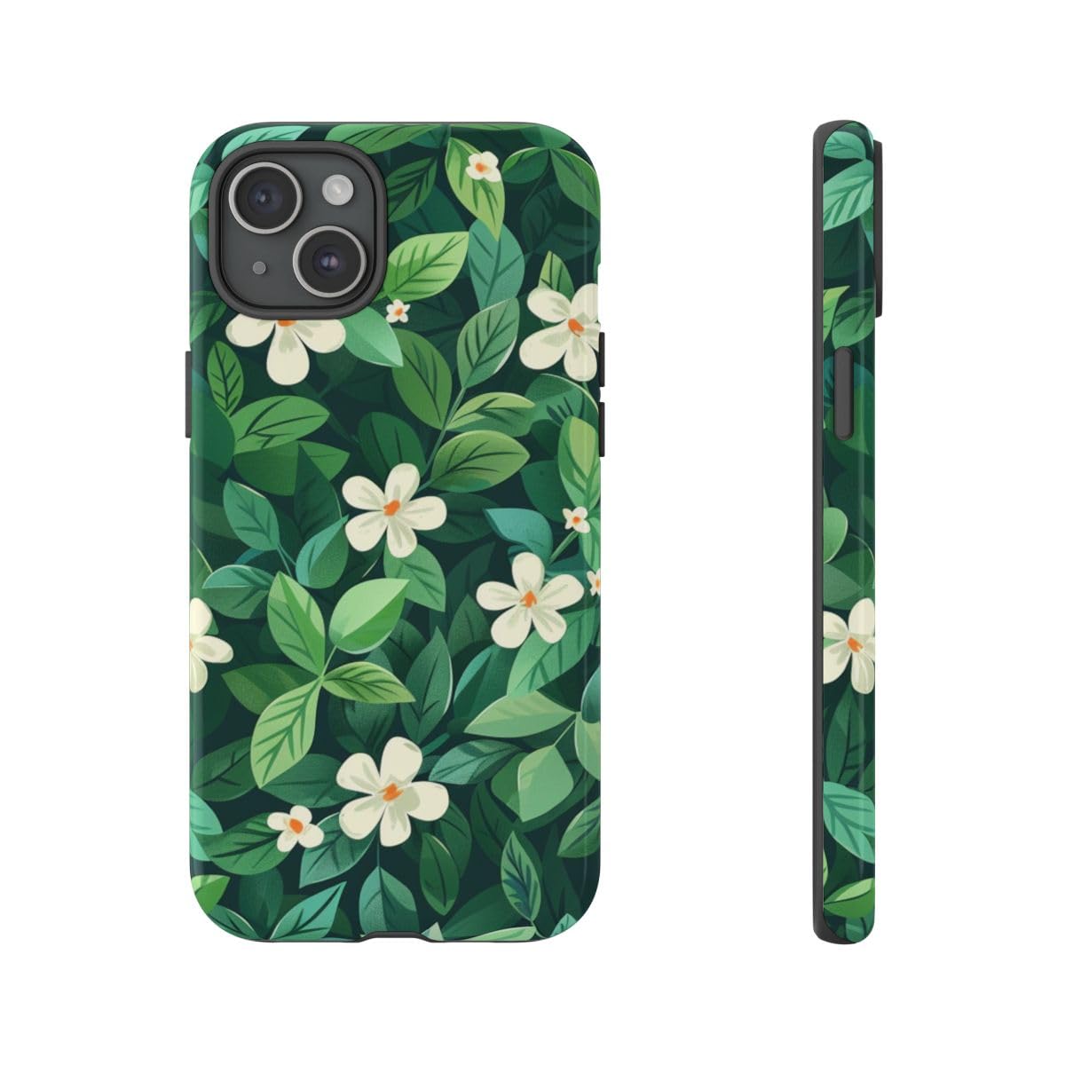 Coque iPhone 15 Plus brillante finition luxe fleurs et feuilles vertes - 4