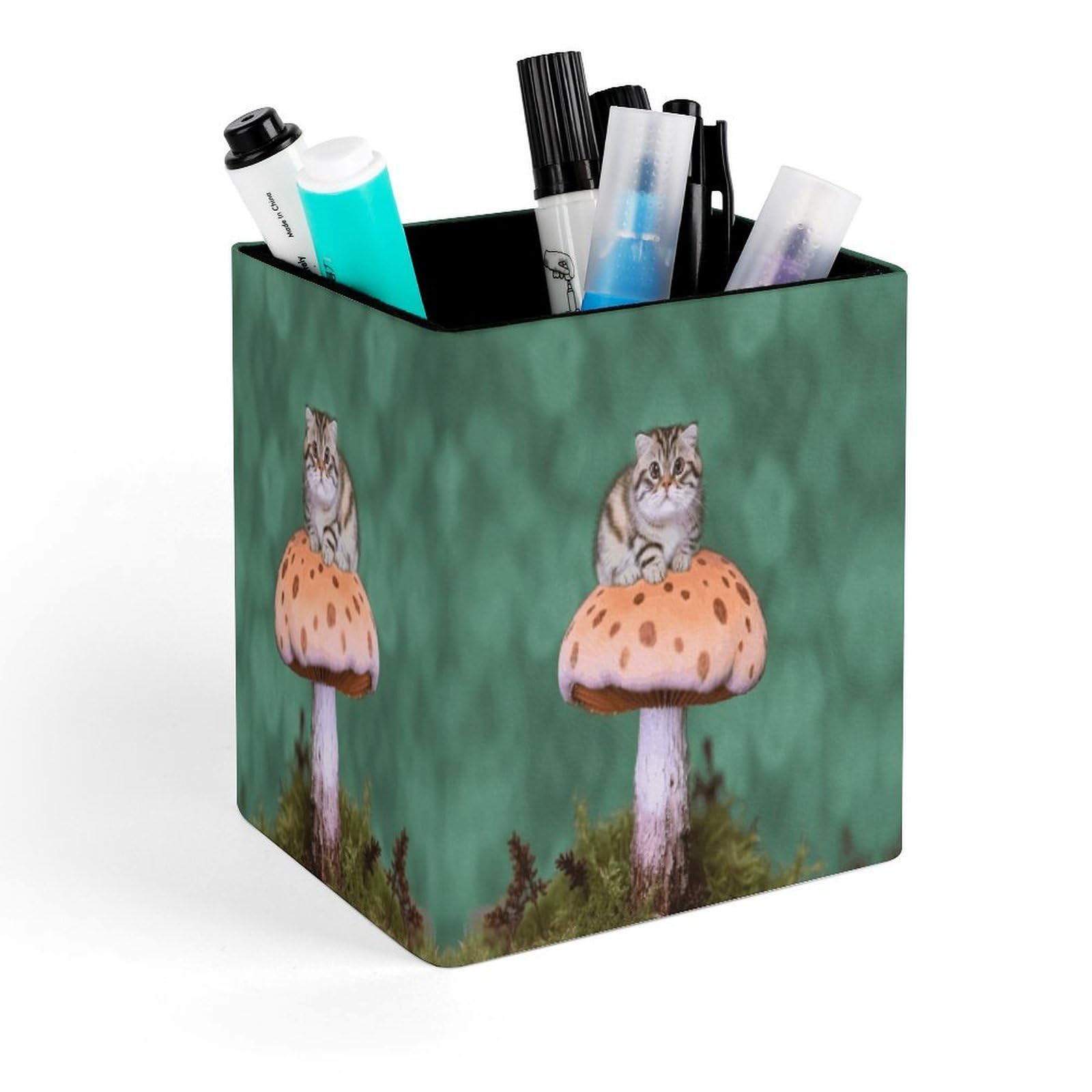 FekiLoot Cat on Mushroom Pencil Holder for Desk Square Leather Pen Holder Cup Desktop Organizer Multi-Functional Pencil Cup Holders Modern Decorative Desk Organizer Caddy Makeup Brush Holders