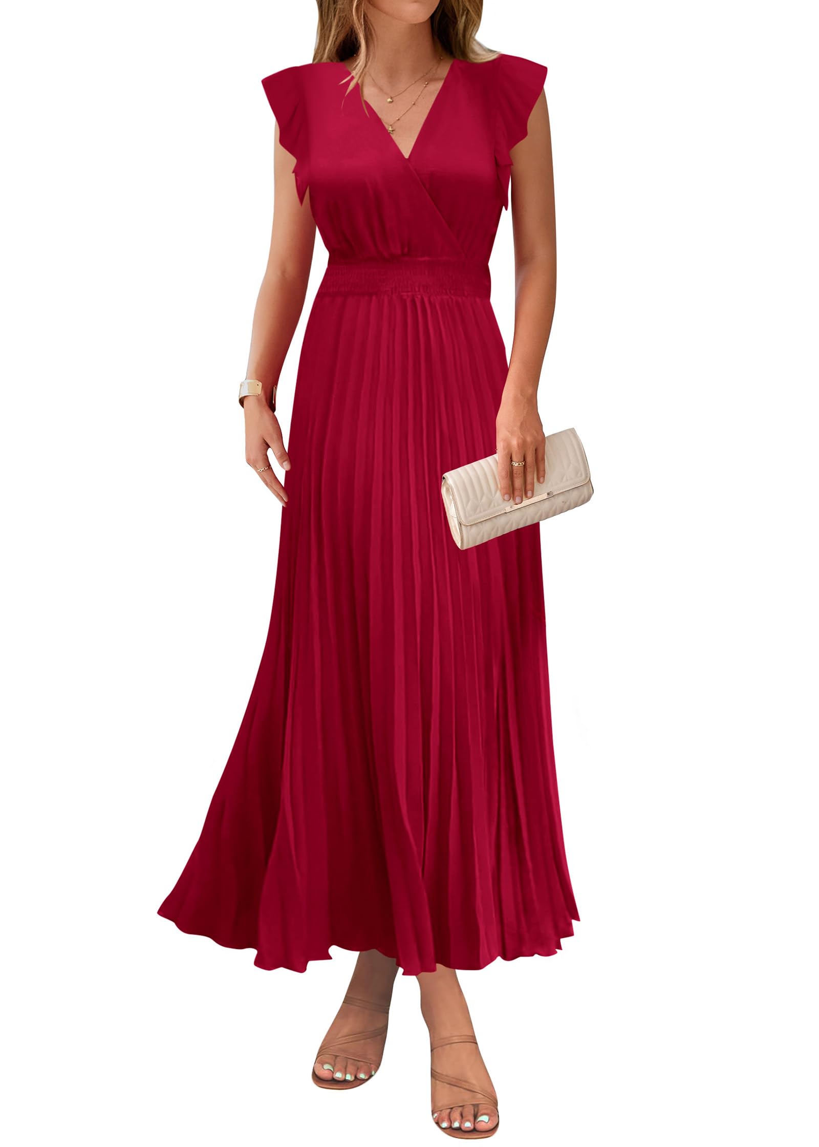 KIRUNDO Women's Summer Maxi Dresses Elegant V Neck Ruffle Flutter Sleeves Empire Waist Pleated Flowy Wedding Guest Dress