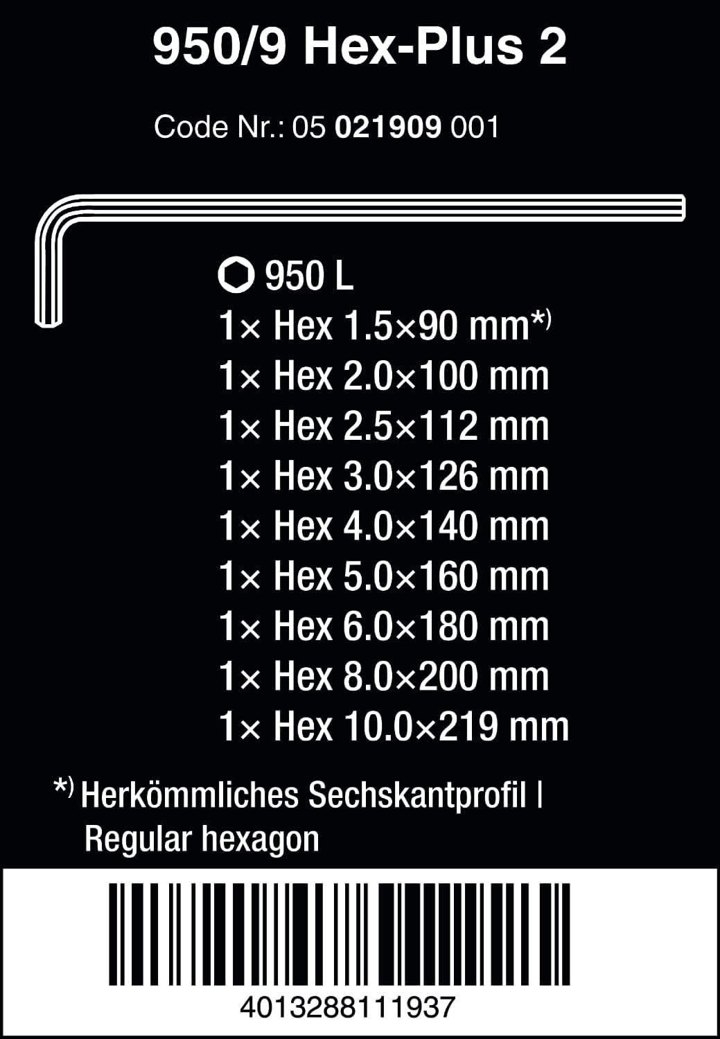 WERA 05021909001 950/9 Hex-Plus 2 L-Key Set, Metric, Chrome-Plated, 9 Pieces