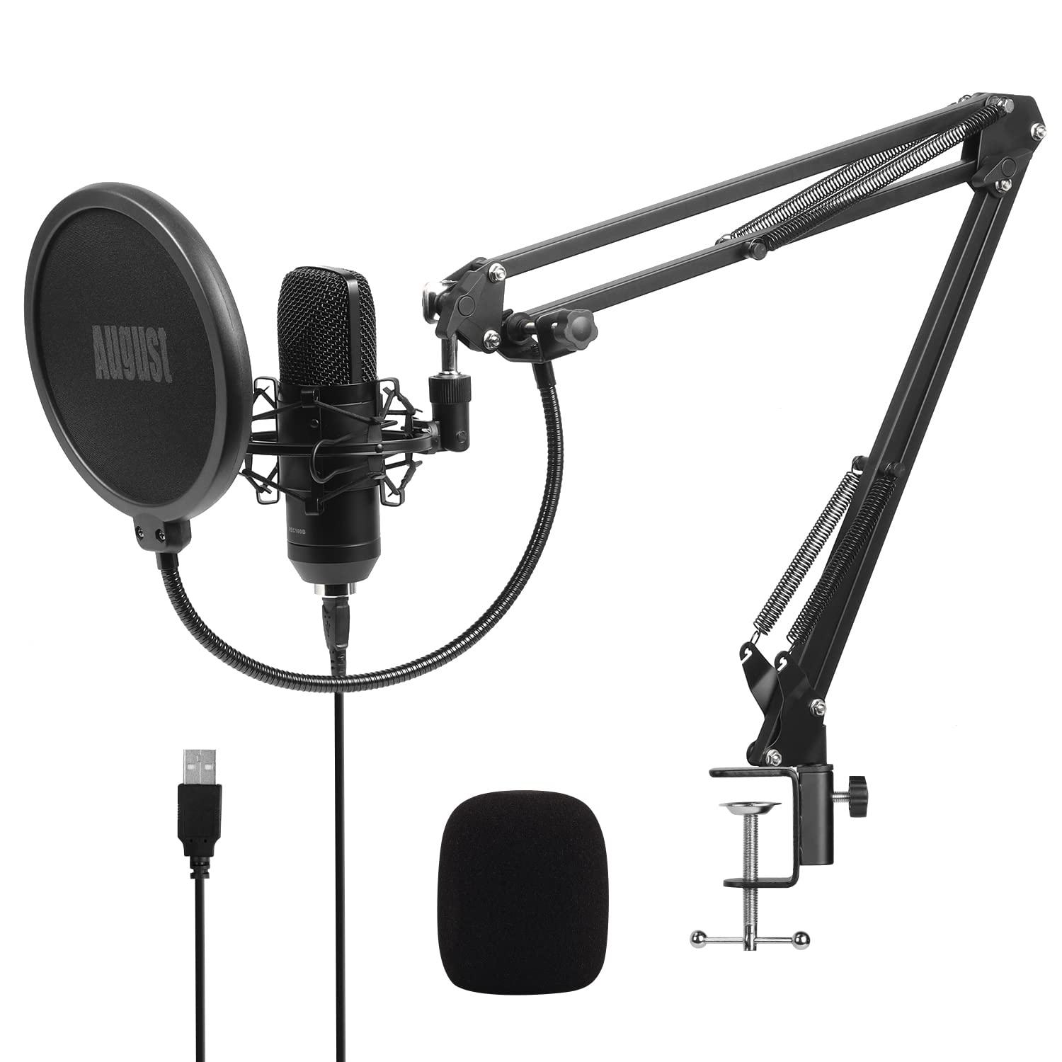 Microphone USB August REC100 avec Bras Articulé et Filtre Pop pour Enregistrement Studio