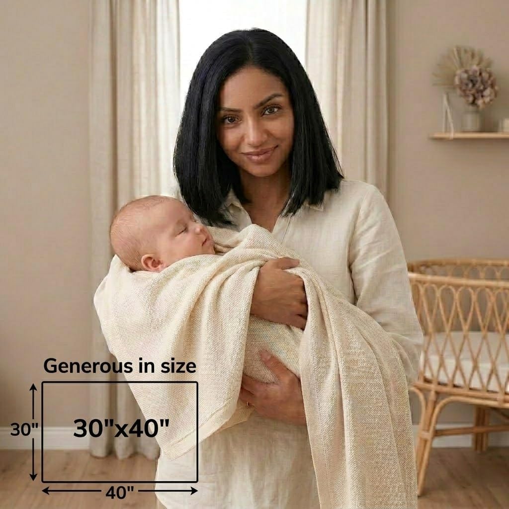 Knitted Organic Cotton Baby Blanket- Swaddle Blanket, 30" x 40" Soft Receiving Blanket for Newborn. (Ultra Soft Ivory)