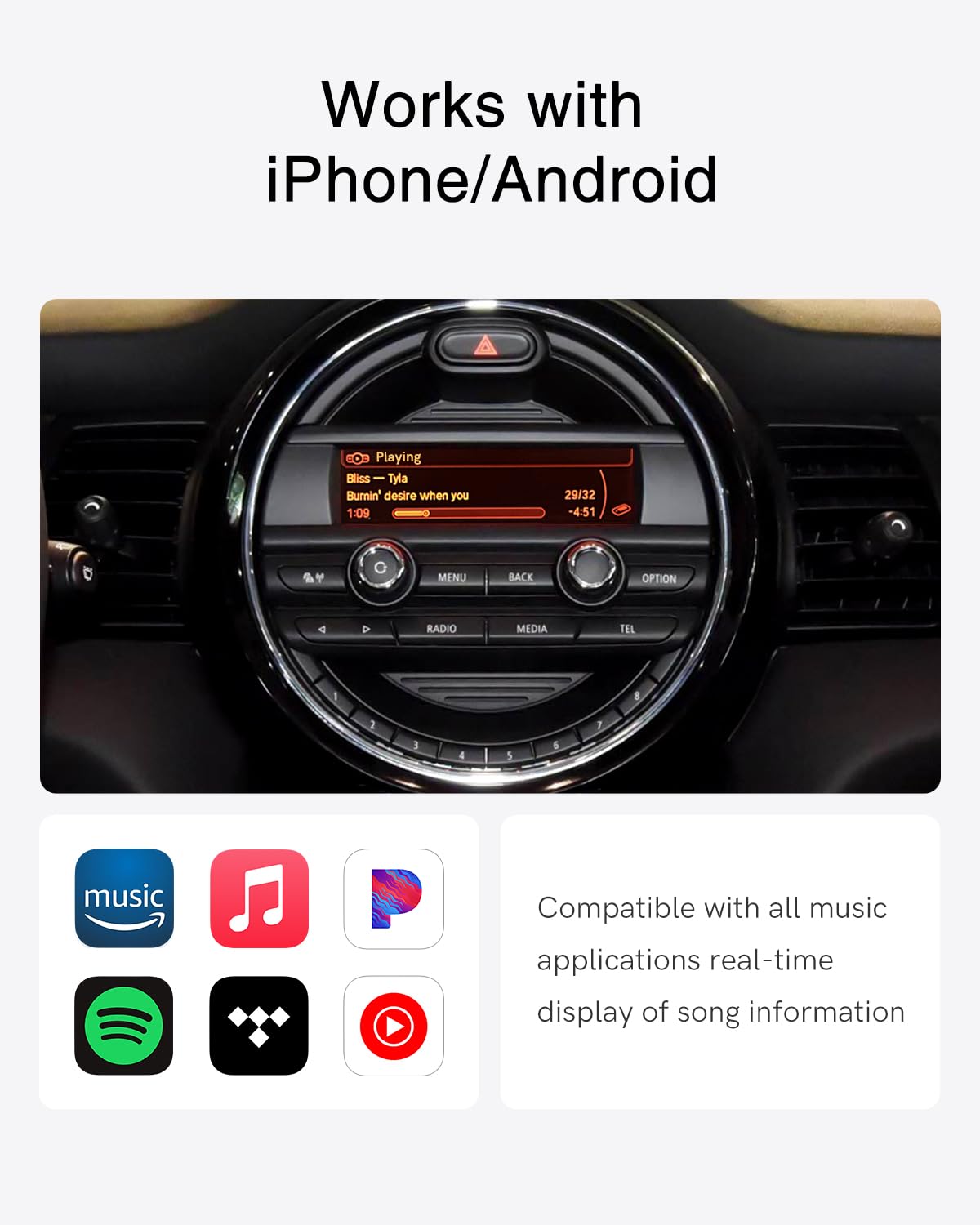 Adaptador Bluetooth para BMW Mini One 2014-2016 USB | Compatible con iOS y Android, audio HD, control desde el volante y visualización de canciones en la pantalla.