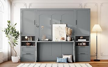 Full Size Murphy Bed Wall Bed with Closet, Drawers and Shelves, Gray