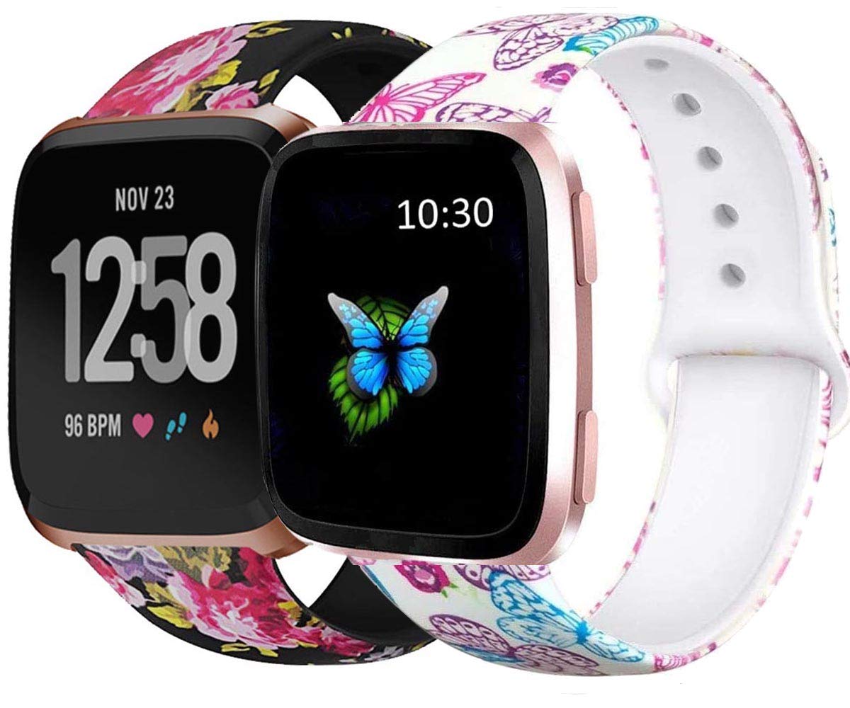 BATINY Band Compatible with Fitbit Versa/Versa 2/Lite/SE Bands for Women Men Silicone Floral Printed Pattern Fadeless Replacement Strap