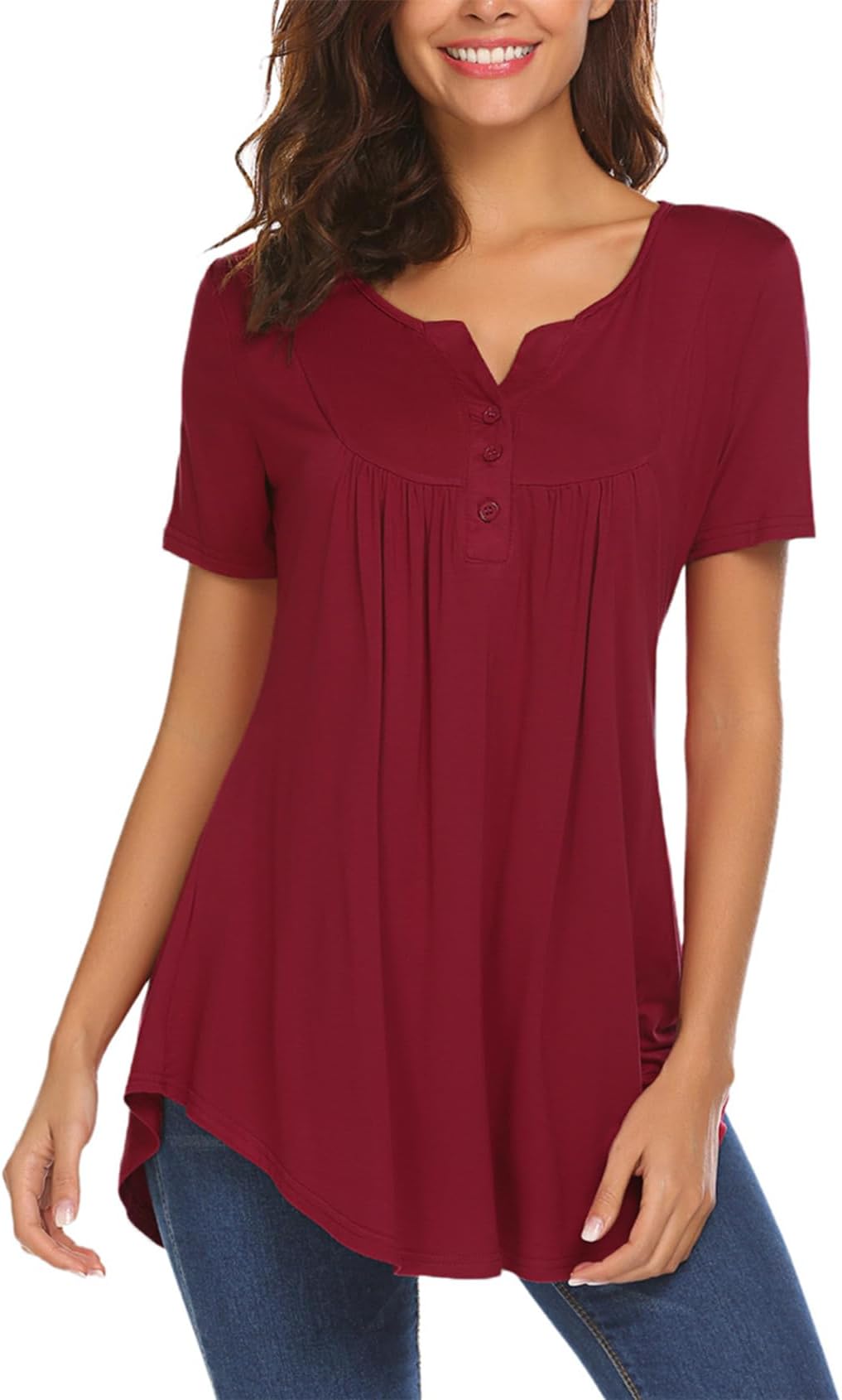 Halife Women's Casual Long Sleeve Henley V-Neck Shirt Loose Fit Pleated Tunic Blouse Tops