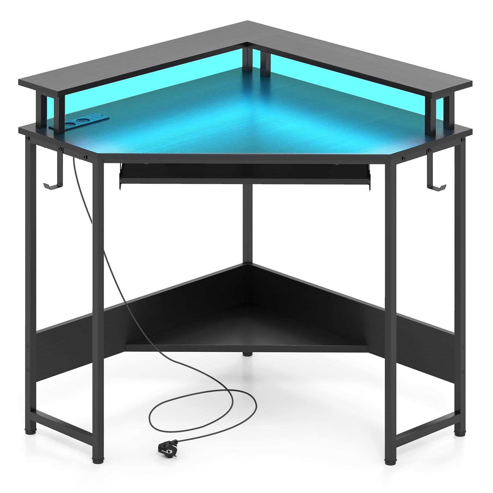 LIFEZEAL Scrivania angolare con luci LED, scrivania angolare con supporto per monitor e tastiera, tavolo da ufficio con stazione di ricarica USB tipo C e prese, telecomando (nero)