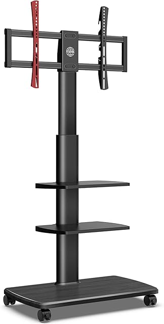 FITUEYES TV Cart Mobile TV Stand Trolley for up to 70 TV Swivel Tall Floor TV Stand on Wheels with Wooden Base and 2 Height Adjustable Shelves Easy Assembly Holds 40kgs