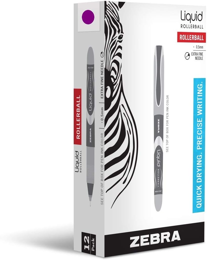 Zebra Liquid Rollerball Pens, Needle Point 0.5mm, Violet Ink, 12Count