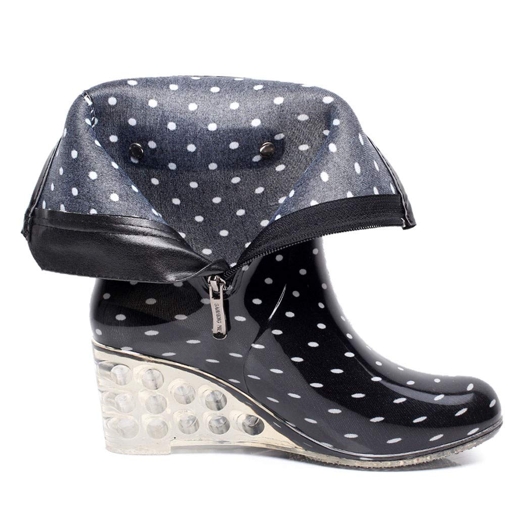 Damen-Gummistiefel mit transparentem Keilabsatz, stilvolle Passform, mit Schnalle, Festival-Druck, Gummistiefel mit Reißverschluss, rutschfeste Chelsea-Stiefel, klassische Gartenstiefel
