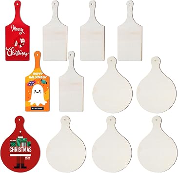 12 Pieces Mini Wooden Cutting Board, Christmas Thanksgiving DIY Chopping Board with Handle, Rectangle Round Unfinished Wood Craft Paddle For Kitchen Decor Crafts Baby Shower Home Party Decoration