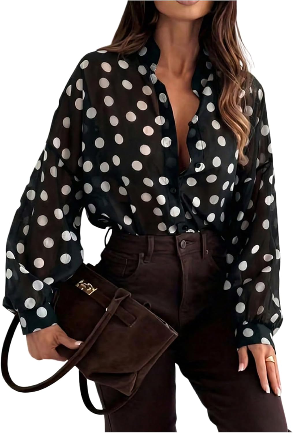 GORGLITTER Women's Polka Dots Blouse Dressy Business Casual Lantern Long Sleeve Collar Button Down Shirt Work Tops