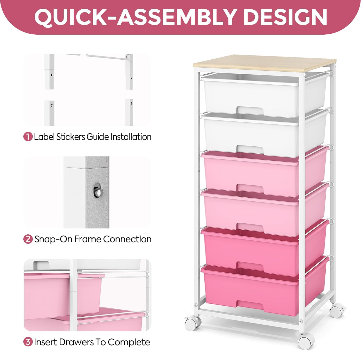 Rolling Storage Cart with 6 Drawers and Wooden Tabletop, Lockable Wheels Utility Cart for Art Studios, Office Supplies & Craft Room Organization (Pink)