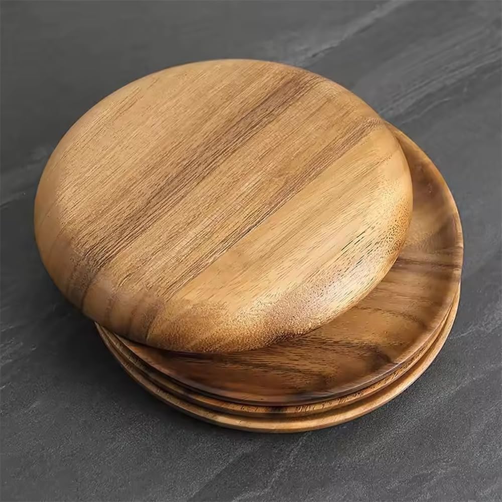 NEWFUN 4 Assiettes Rondes en Bois, Assiettes à Snacks, 25 CM, Plateau en Bois d'acacia, Décoration de Table, Objet Décoratif fait Main,Cadeau de Bienvenue