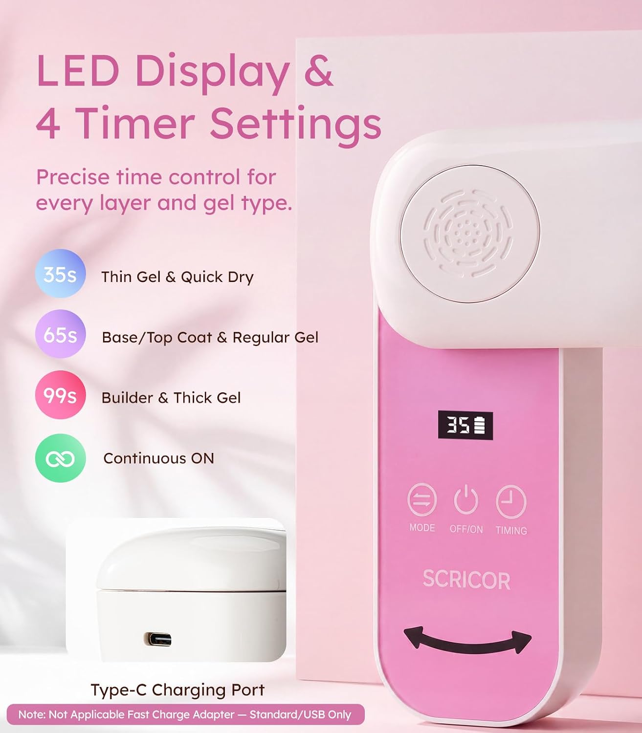 UV LED Nail Lamp Cordless, Gel Nail Lamp with 36 UV/LED Beads, Pink