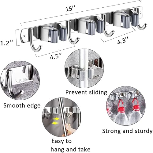 Miniatura 4 de Soporte para escobas y fregonas, soporte de pared, soporte de almacenamiento de escobas y trapeadores, colgador de metal para escobas de lavandería,