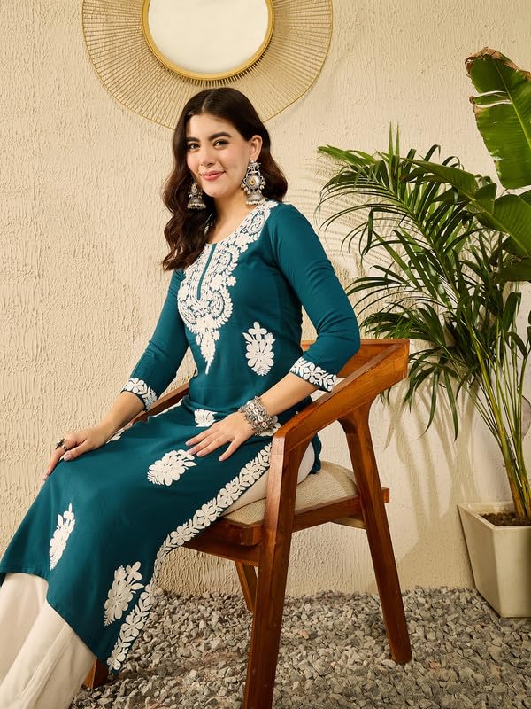 Image of Vaamsi Women's Viscose Rayon Solid Embroidered Straight Kurta | Chikankari Kurta for Women
