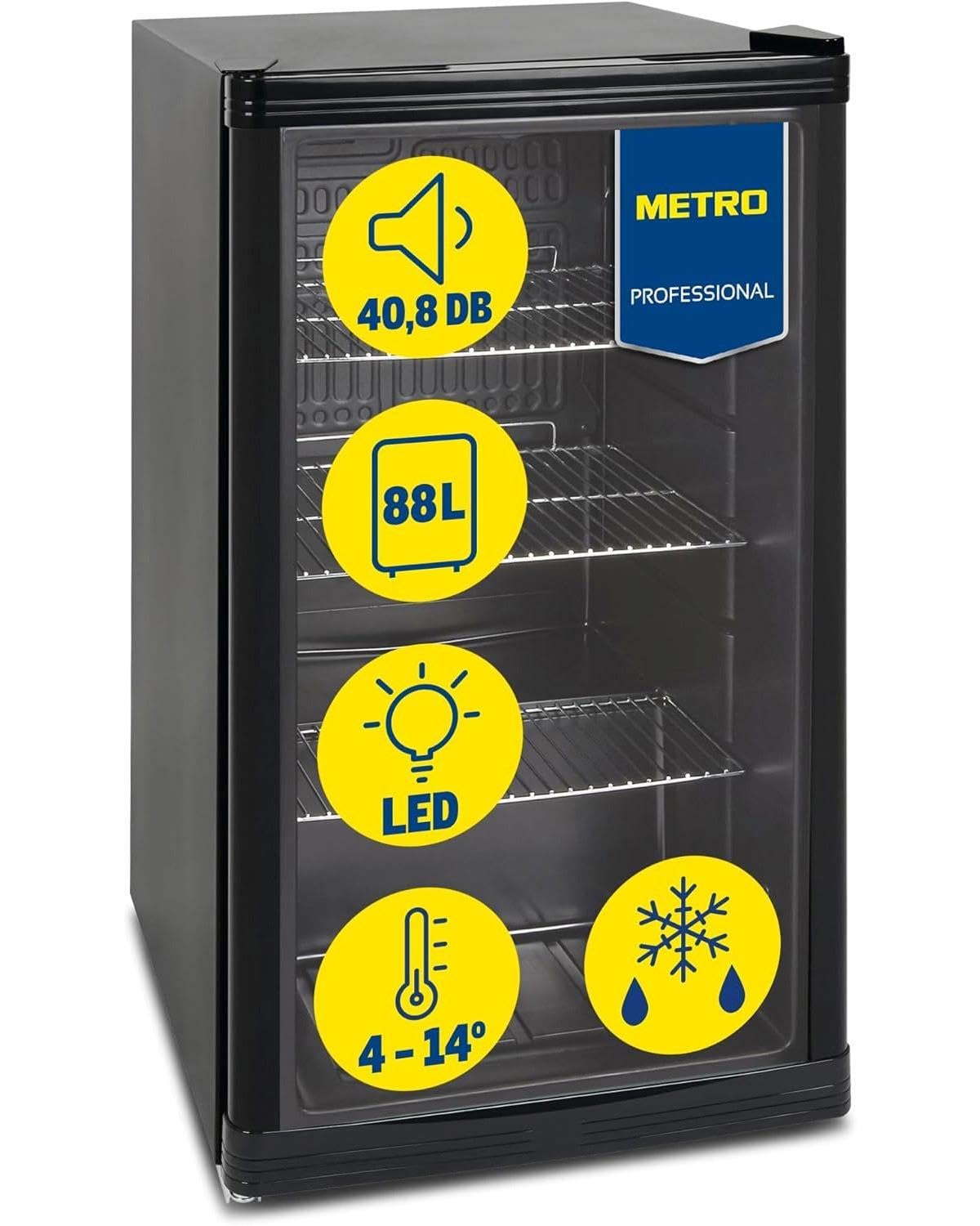METRO Professional Mini Frigorífico GPC 1088, nevera pequeña con puerta de cristal, 88 L, negro, 1.052 kWh/24h, con estante ajustable para gastronomía, restaurant, tiendas