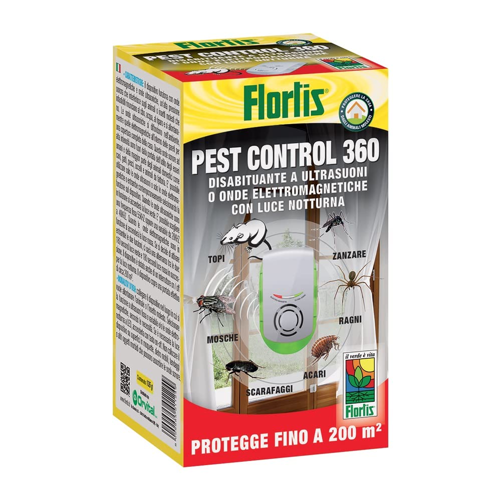 Flortis Pest Control 360°. Disabituante ultrasuoni e/o onde elettromagnetiche per casa e spazi interni. Contro zanzare, topi, mosche, scarafaggi, ragni. Repellente anti insetti. Ampie superfici 200mq.