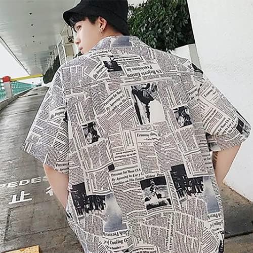 Amazon Habille メンズ 英字新聞 古着風シャツ 新聞 Newspaper デザイン 原宿 ストリート 半袖 シャツ アメリカ ラフシルエット ホワイト シャツ 通販