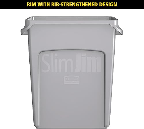 Vista 5 de Rubbermaid Commercial Products Slim Jim - Basurero rectangular de plástico con canales de ventilación, 23 gal, gris (FG354060GRAY)