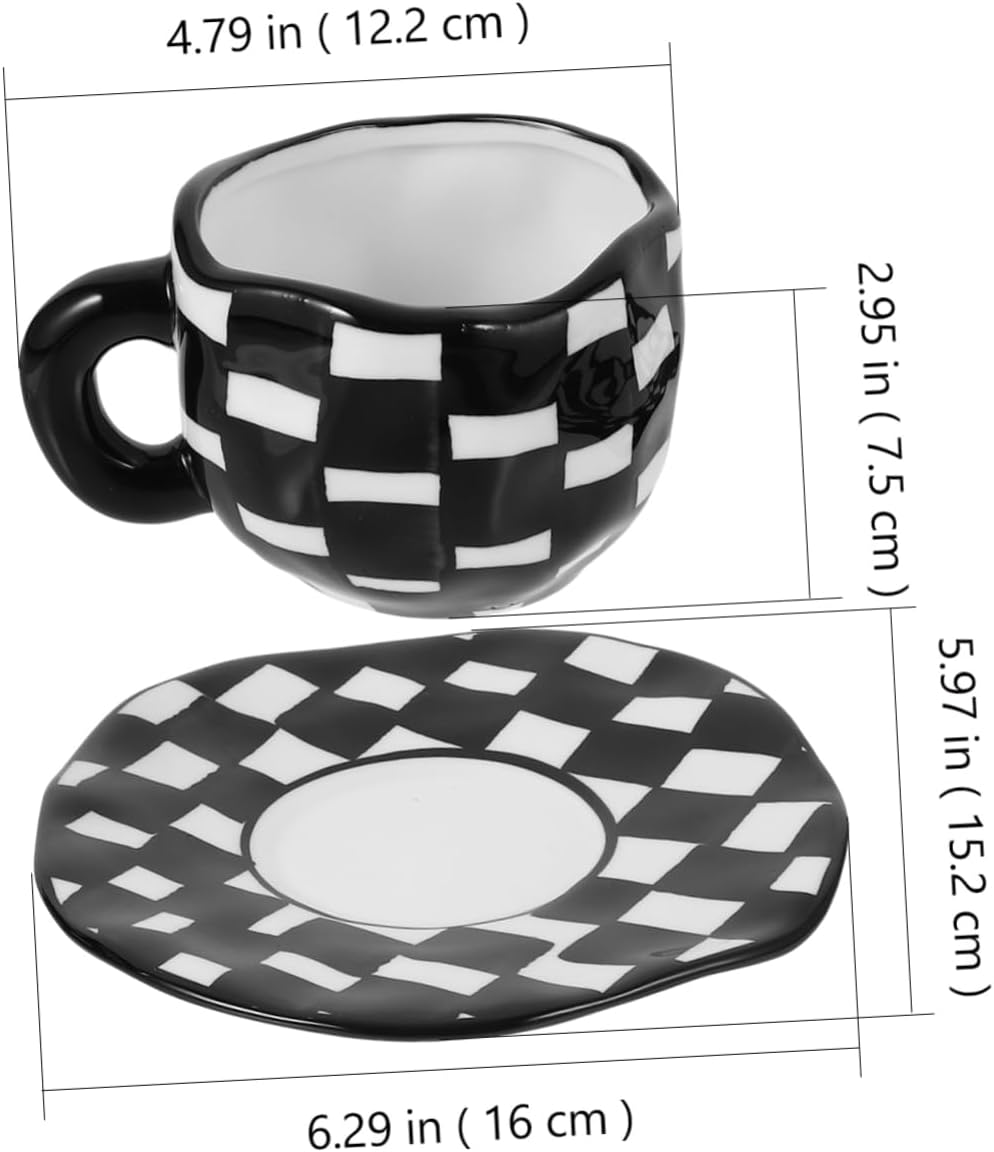 PRETYZOOM Black White Checkerboard Coffee Mug Saucer Set Checkered Mug Saucer Ceramic Vintage Hand-painted Latte Cup