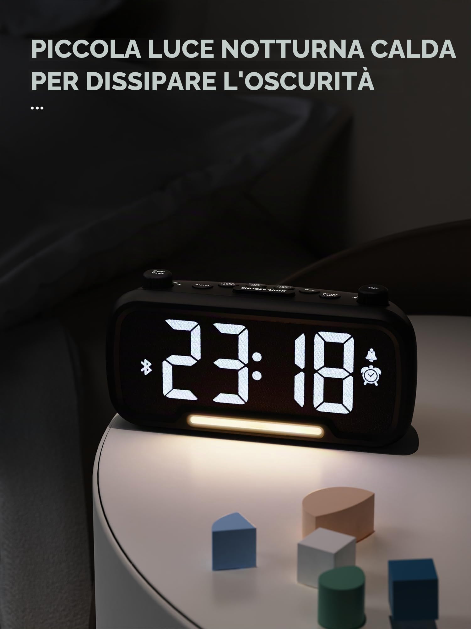 ROCAM Sveglia Digitale da Comodino Radiosveglia Orologio Digitale da Tavolo Funzionamento a rete Dimmer Luce notturna USB Tipo-C DST Batteria di Backup Radio da Cucina