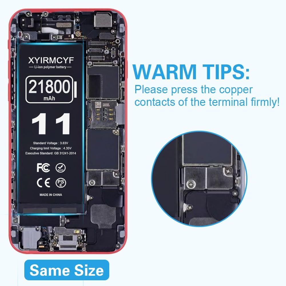 XYIRMCYF 21800mAh Super Capacity Battery Compatible with iPhone 11, 0 Cycle Li-Polymer Replacement Battery for iPhone 11, with Professional Repair Tool Kit