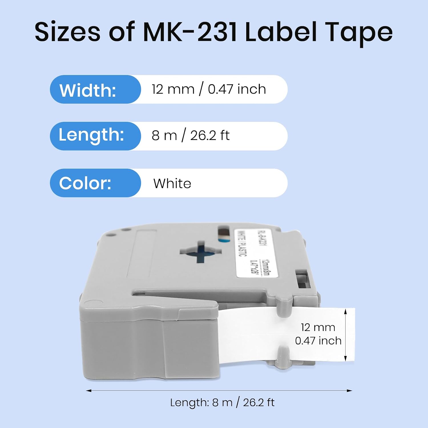 MK-231 Label Tape 12mm 0.47'' Compatible for Brother Ptouch PT-65 PT-M95 PT-90 PT-70 PT-80 PT-70BM PT-45 Label Maker, Black on White 1 Pack 0.94 in x26.2 ft