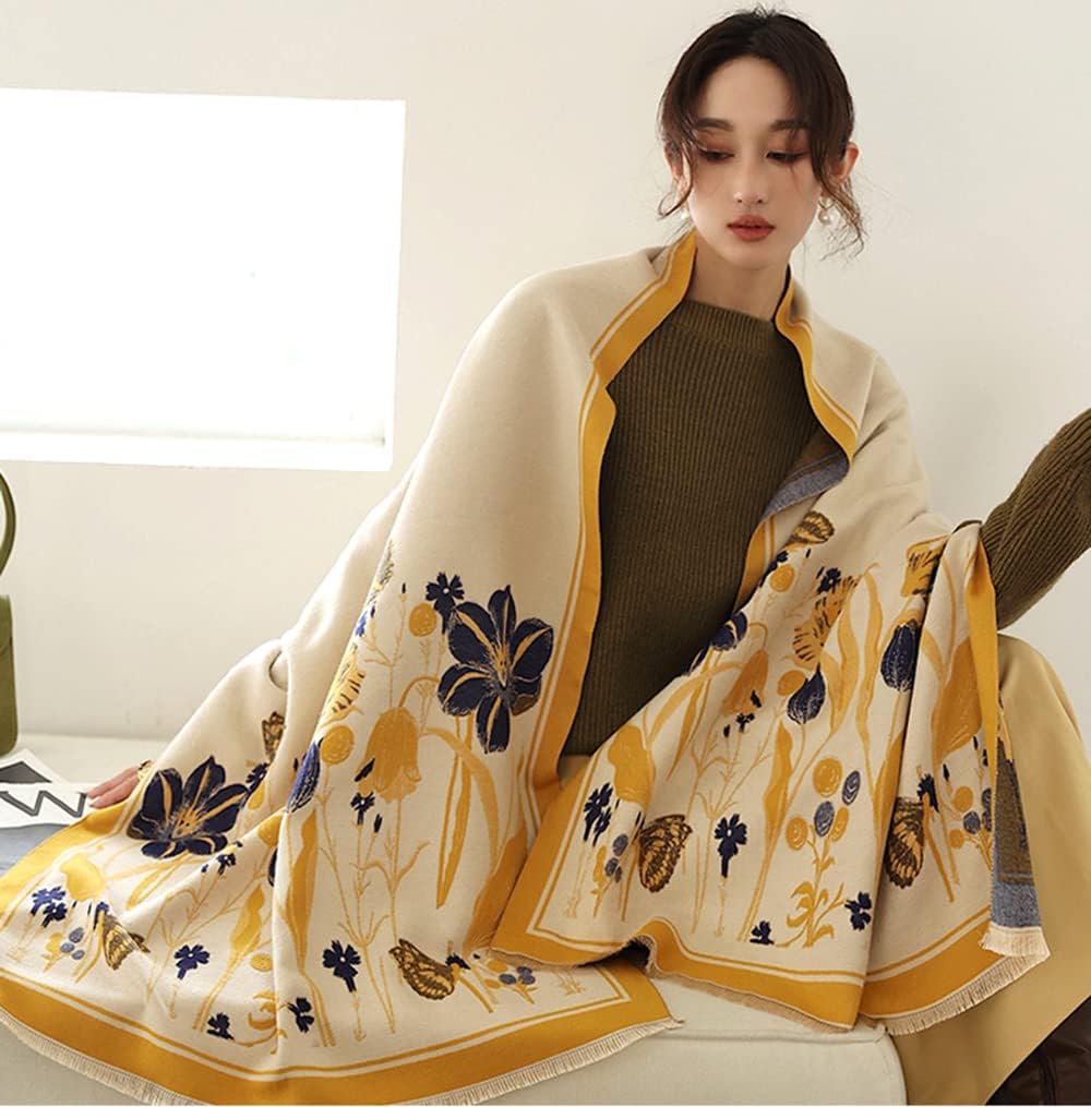 First Choose Women's Blanket Chunky, Pashmina Shawls Wraps Oversized Winter & Fall Warm Scarfs Soft Cashmere Feel for Women (Beige Yellow-Plant) - Image 2