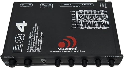 Massive Audio EQ4  Ecualizador de audio para automóvil de 4 bandas - Ecualizador en el tablero con control de subwoofer, controlador de línea de 8 V