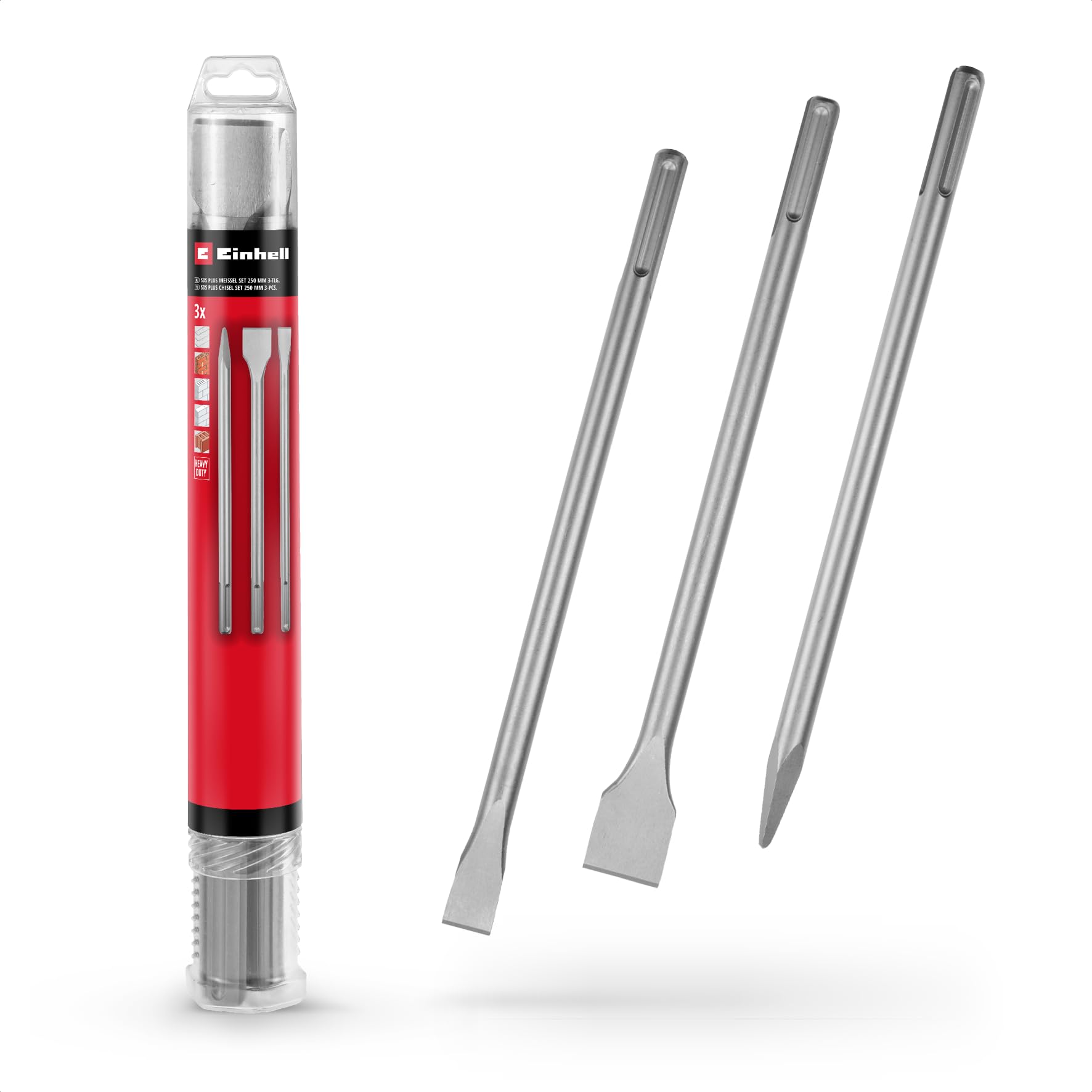 Einhell Martillo de demolición TE-DH 12 (1050 W, 12 J, toma SDSmax, empuñadura con amortiguación vibrac.,empuñadura adicional ajustable, 4m cable, incl. E-box) + Juego de 3 punteros SDS