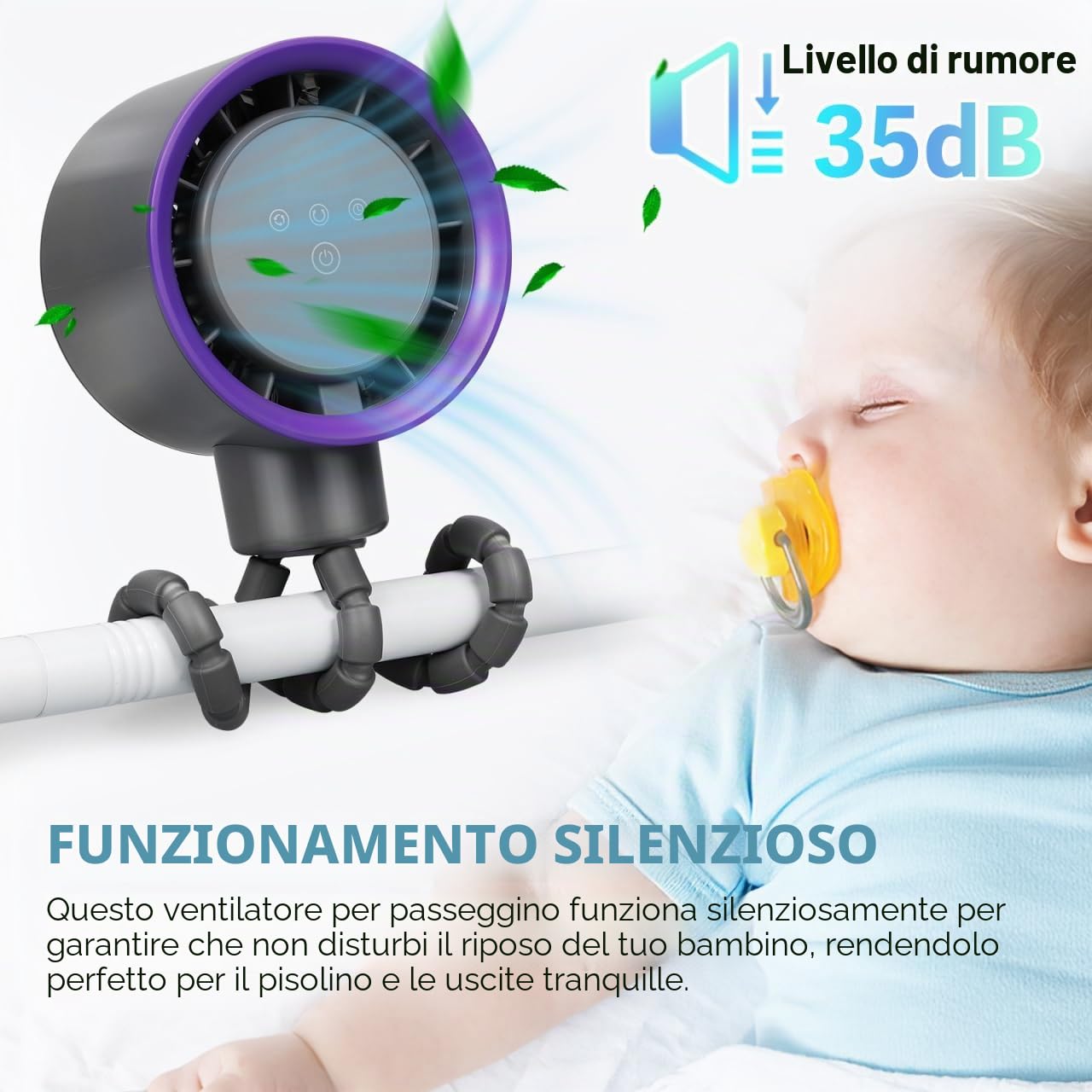 STOBAZA Ventilatore portatile per passeggino: ventilatore a clip a 360 gradi con treppiede flessibile – silenzioso ricaricabile per culla ufficio tapis bici e viaggi