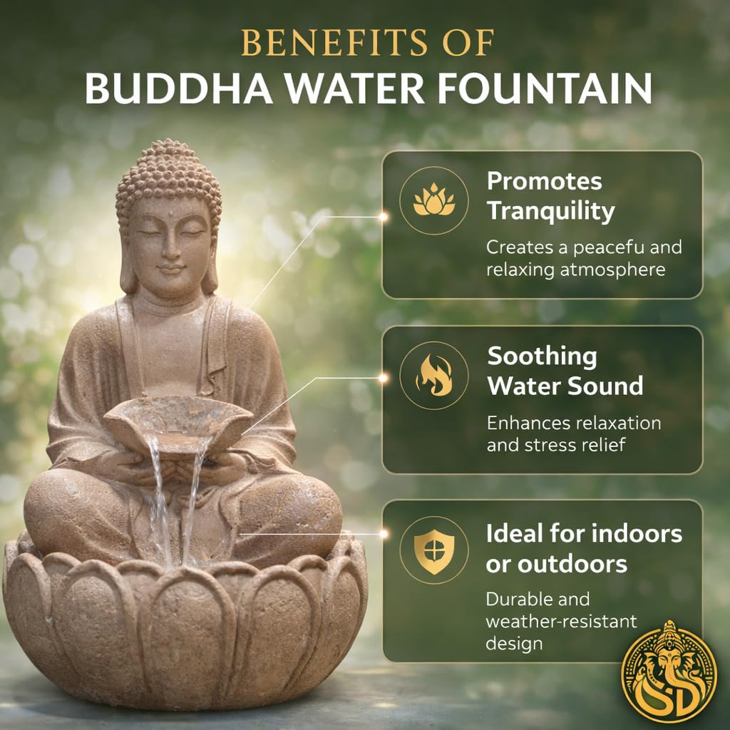 Kamal Buda Fuente de agua para el hogar y el jardín - Fuente de Buda de fibra con luz LED - Fuente de interior y exterior para vastu y positividad (beige, fuente