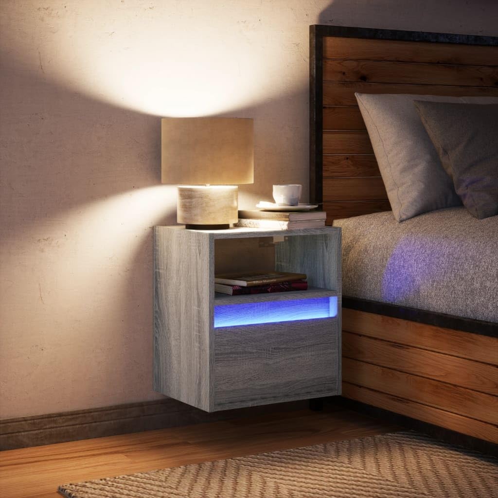 Armoire murale LED grise avec tiroir et chevet suspendu design