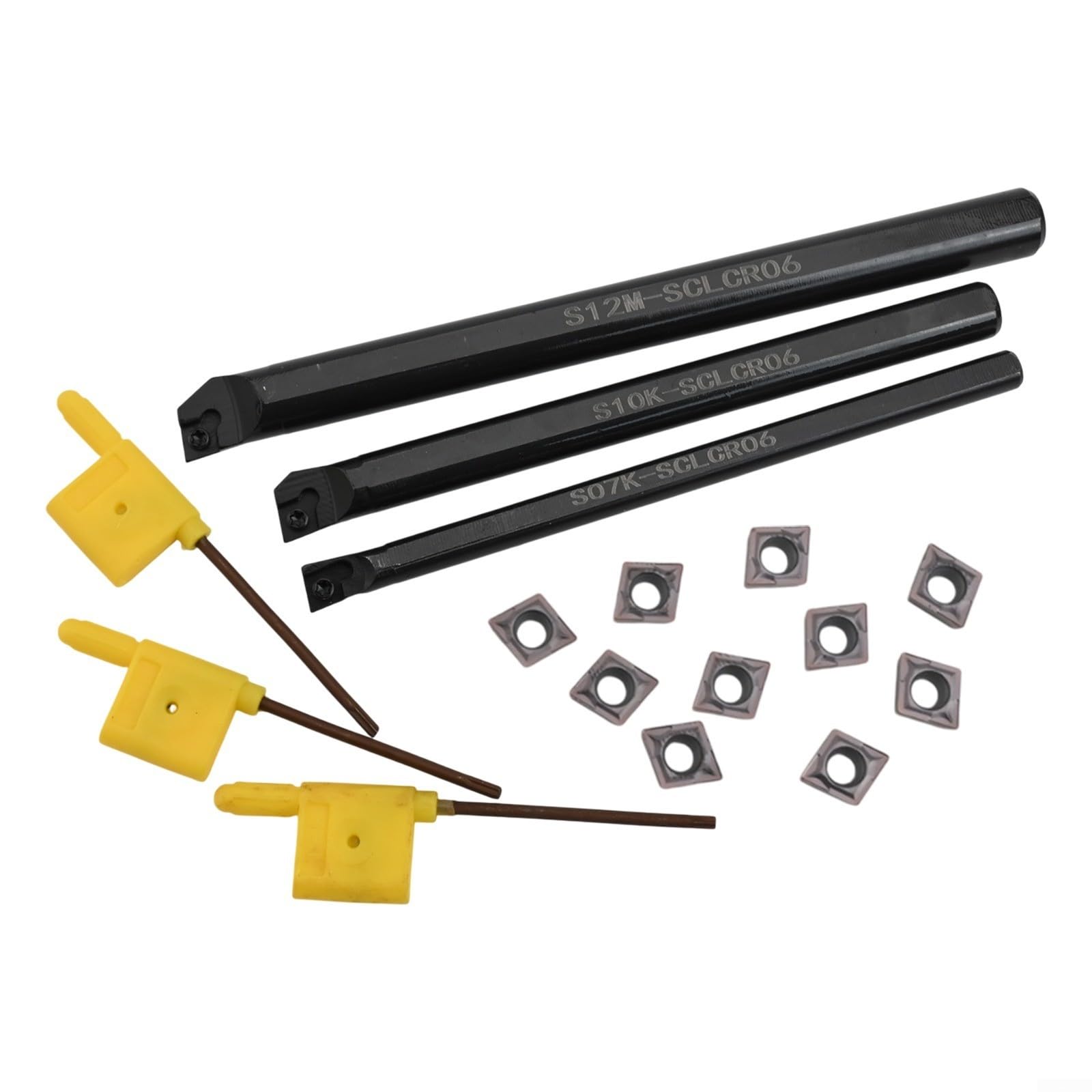 Lot de 10 inserts en carbure CCMT0602 avec 3 barres d'alésage en acier pour porte-outil de tournage S07K-SCLCR06 S10K-SCLCR06 S12M-SCLCR06 95 degrés Coupe à droite
