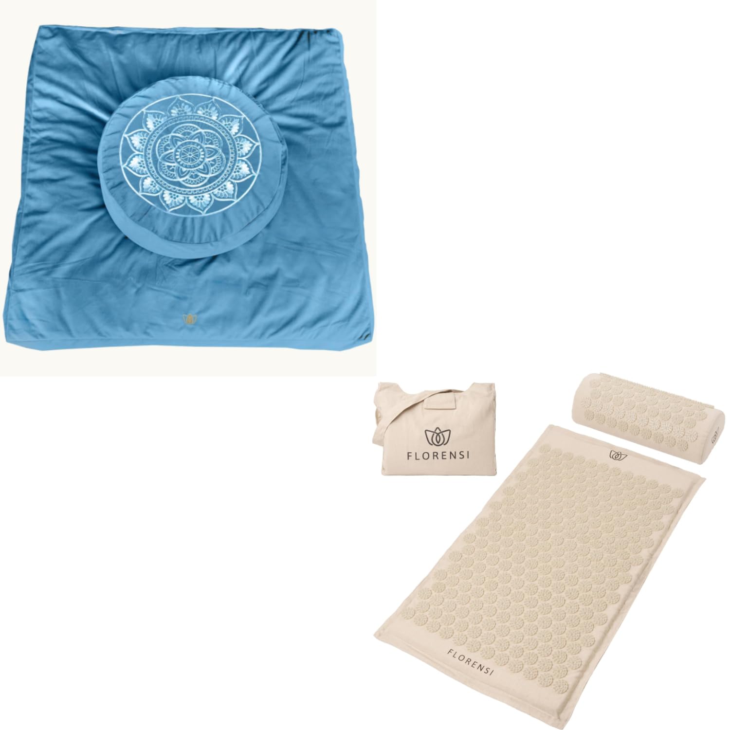 Florensi Meditation Cushion Set & Acupressure Mat Bundle - Comfortable Zabuton Floor Meditation Pillow and Meditation Mat - Acupuncture Mat and Pillow Set for Back Pain Relief