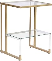 Vista 7 de Mesa auxiliar de acrílico dorado para dormitorio, sofá de vidrio templado de 2 niveles, mesita de noche de almacenamiento pequeña con marco de metal