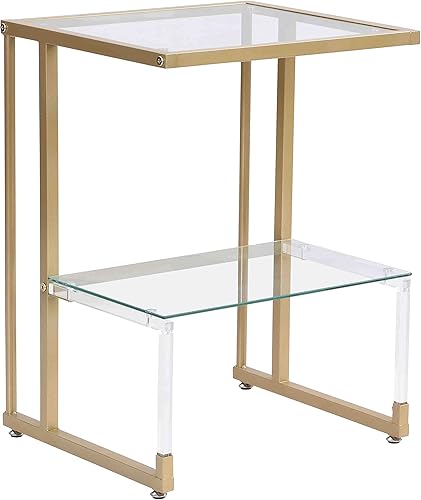 Miniatura 7 de Mesa auxiliar de acrílico dorado para dormitorio, sofá de vidrio templado de 2 niveles, mesita de noche de almacenamiento pequeña con marco de metal